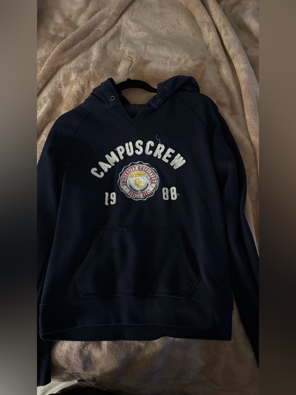 Vintage Navy Campus Crew Pullover Hoodie with Embroidered Crest